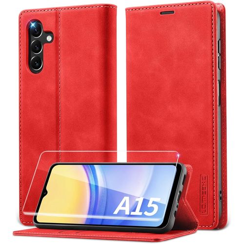 Coque Portefeuille Samsung Galaxy A15 (4g/5g) 6,5'' + Verre Trempé ¿ Cuir Synthétique Premium, Fermeture Magnétique, Anti¿Rfid, Rouge