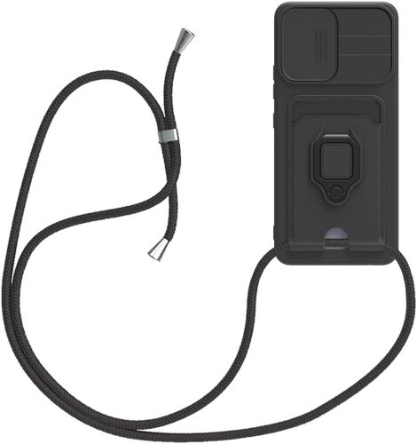 KALANKA-Coque pour iPhone 14 Pro Max avec Cordon de Collier,Coque Protection Caméra Slide Case TPU Bumper avec Anneau Rotatif à 360 degrés Silicone Coque avec Slot Card Holder Housse