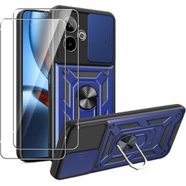 Coque Renforcée + Verre Trempé Pour Realme Gt 7 / Gt 7t 5g - Protection Militaire Antichoc, Anneau Rotatif Magnétique 360° Et Cache Lentille Coulissant, Bleu