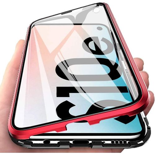 Coque 360° Aimantée Pour Samsung Galaxy S10e ¿ Cadre Métal, Avant & Arrière En Verre Trempé Transparent, Ultra¿Mince (Rouge/Noir)