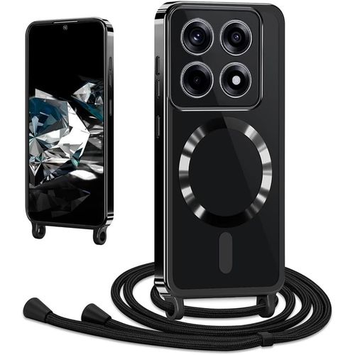 Coque Magnétique Transparente En Silicone Pour Xiaomi 14t Pro 5g ¿ Bords Galvanisés Brillants, Anneau Magnétique Compatible Chargeur Sans Fil, Lanière/Cordon Amovible Et Réglable 160 Cm, Antichoc