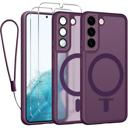 Coque Aimantée Pour Samsung Galaxy S22+ 5g - Compatible Magsafe, Dos Mat Translucide, Fine Antichoc Bords Renforcés, 2 Verres Trempés + Cordon, Violet