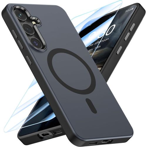 Coque Magnétique Anti-Chocs Pour Samsung Galaxy S25 Avec Protecteur D'écran ¿ Dos Mat Translucide, Aimants Charge Sans Fil, Bords Sur Caméra & Boutons Métalliques ¿ Noir