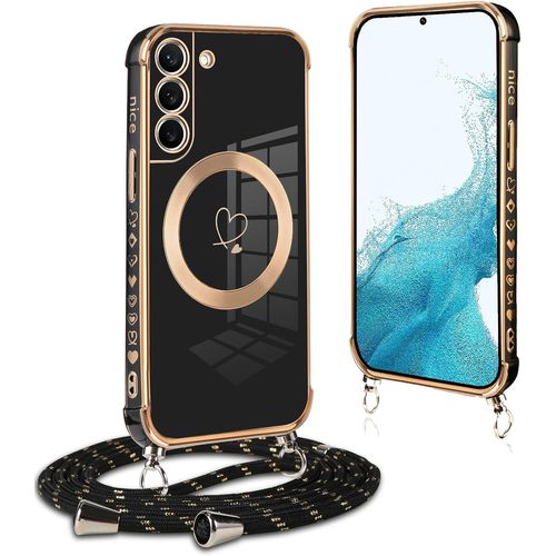 Coque Magnétique Compatible Magsafe Pour Samsung Galaxy S22+ 5g ¿ Silicone Souple Avec Motif C?ur Scintillant, Cordon/Lanyard Réglable Et Protection Renforcée, Noir