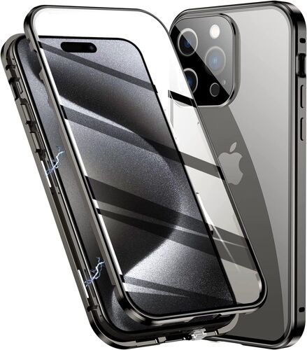 KALANKA-Coque pour iPhone 15 Pro étui Magnétique Adsorption, Verre Transparente Trempé Double Face, Cadre Métal Adsorption et Protection Complète du Corps Case - Noir