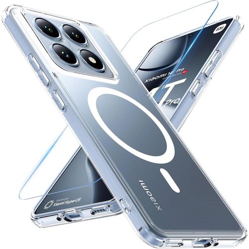 Coque Magnétique Xiaomi 14t Pro Compatible Magsafe - Transparente Ultra-Fine Avec Verre Trempé 9h, Protection Antichoc Niveau Militaire, Bords Surélevés Écran Et Caméra, Tpu Anti-Jaunissement