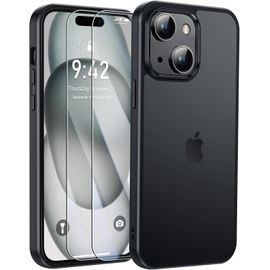 Coque Mate Pour Iphone 15 (6,1 Pouces) ¿ 2 Films Écran Inclus, Translucide Anti-Jaunissement, Tpu+Pc Anti-Chocs (Protection Militaire), Anti-Traces, Noire