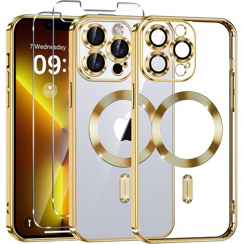 TRAHOO-Coque Magnétique iPhone 13 Pro 2 Pièces Verre Trempé, Compatible MagSafe, Protection Militaire, Résistante Rayures & Chocs, Mince & Transparente, Or