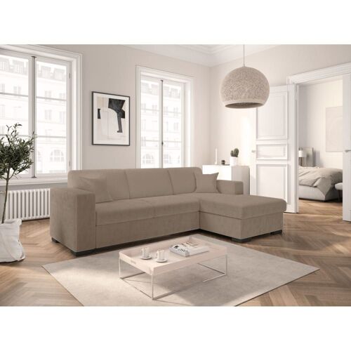Canapé d'angle droit convertible et coffre en tissu bouclette - Taupe