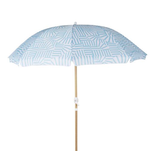 Parasol Vintage 2x2m En Aluminium Imitation Bois Et Toile Bleue Et Blanche