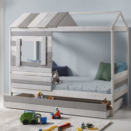 Tiroir Pour Lit Cabane Enfant Rustique 90x190 Cm En Bois Clair / Gris