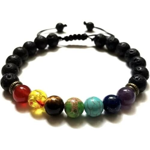 Bracelet 7 Chakras Pierre De Lave Ajustable Perle Naturelle Précieuse Lithothérapie Yoga Idée Cadeau Couple Anniversaire Homme Femme