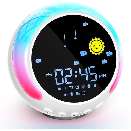 Reveil Enfant Educatif Jour Nuit, Bluetooth Snooze Reveil Pedagogique Bruit Blanc, Reveil Lumineux Enfant 5 Niveaux De Luminosité 11 Couleurs, Reveil Veilleuse Enfant Avec Haut Parleur