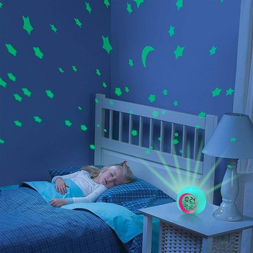 Reveil Enfant Réveil Educatif Jour Nuit Enfant Reveil Veilleuse 7 Couleurs Lumière Avec Projecteur D'Étoiles, Lampe De Table Et Rappel De Musique, Affichage De Heure Et Température (Rouge)