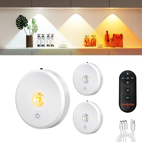 Puck Lumières Avec Télécommande Rechargeable, Sans Fil Sous L`Éclairage D`Armoire,2000mah À Piles Tap Push Touch Lumières (Couleur Bois, 3 Pcs) (White, 3 Pcs)