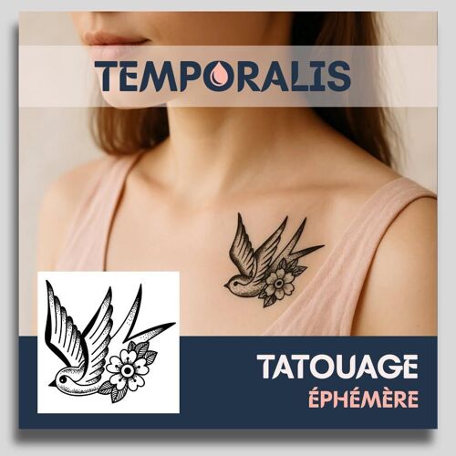 Faux Tatouage Oiseau-®|Tatouage Ephemere Femme Et Homme-Cosmétique Certifié Ue,Encre Vegan & Waterproof-Dure 1 À 2 Semaines [ Tattoo Hirondelle Et Fleur ] 