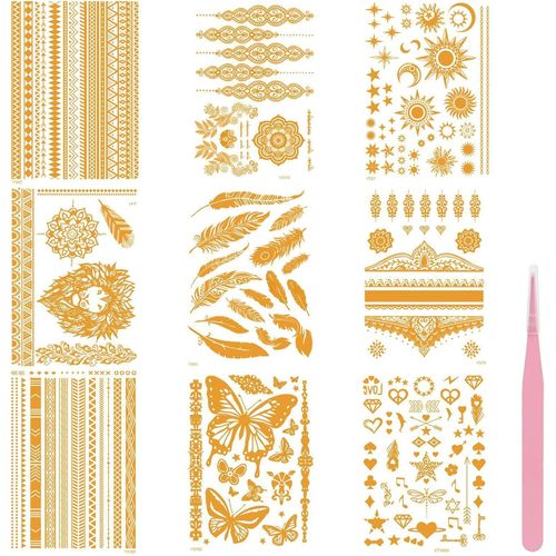 9 Feuilles Tatouage Ephemere Dorés Métallisés Imperméables Tatouages Temporaires Accessoires De Fête Accessoires De Festival Pour Femmes Plage Musique Tatouage Temporaire Avec Pince À Épiler 