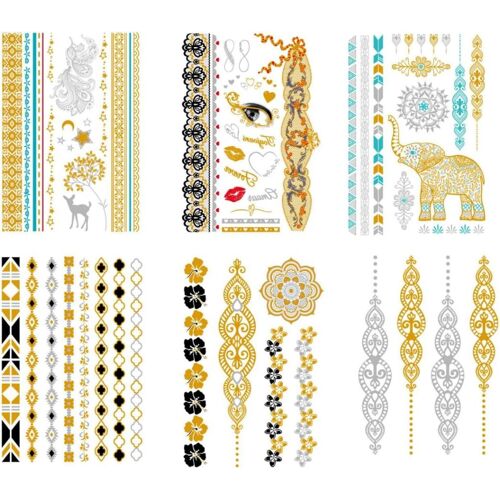 Tatouages Temporaires,6 Feuilles De Doré Temporaires Tattoos Étanche Faux Tatouages Pour L'art Corporel,Les Tatouages Festifs Sur Les Bras,La Poitrine,Les Pattes Arrière 