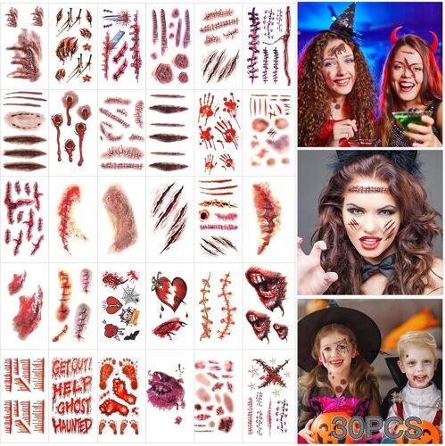 20 Feuilles Cicatrices D'halloween,Blessures D'halloween,Tatouage D'halloween,Cicatrices Temporaires,Tatouages Adhésifs,Sang Zombie Égratignures,Maquillage Carnaval,Accessoires Maquillage Effrayants 