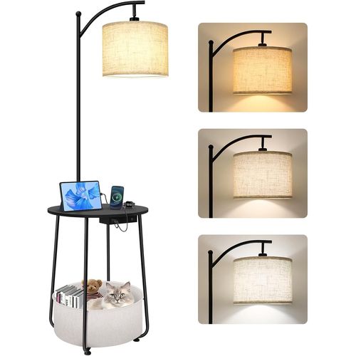 Subzonal-Lampadaire Avec Table Ronde, Tables D¿Appoint Latérales Avec Station De Charge (Usb Et Type-C), 3 Températures De Couleur, Ampoule 12w, Table De Chevet Avec Panier En Tissu Pour Chambre, Sal