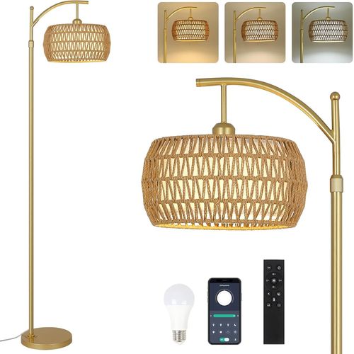 Lampadaire En Rotin Salon, Lampadaire À Intensité Variable Avec Télécommande, Contrôle App, Lampadaire Boho Avec Abat-Jour En Rotin, Noir Lampadaire Pour Chambre, Bureau (Ampoule Incluse)