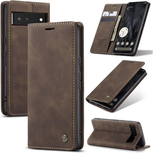 Coque Pour Google Pixel 6 5G Premium Housse Cuir Protection Pochette Rabat Portefeuille Flip Case Porte Magnétique Coque Étui Pour Google Pixel 6, Café