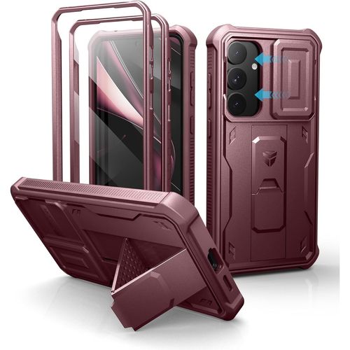 Pour Coque Samsung Galaxy S25 Plus¿Double Cadre Avant Et Support¿ Avec Caméra Coulissante Intégrée & Protecteur D'écran, Coque De Protection Robuste Résistante Aux Chocs - Rouge Magique