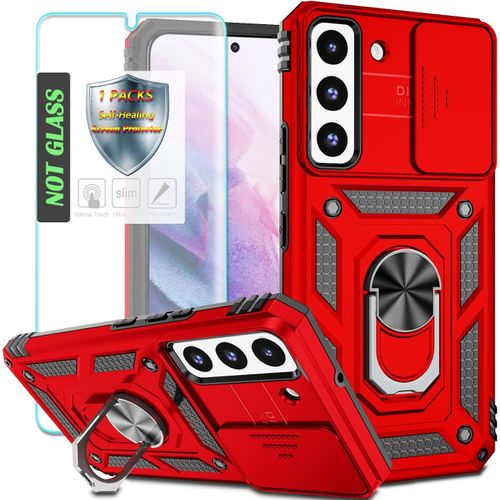 Coque Antichoc Samsung Galaxy S22 Plus - Dos Rigide & Bords Tpu, Film Protecteur Inclus, Support Métallique Rotatif 360°, Cache Objectif Coulissant - Rouge