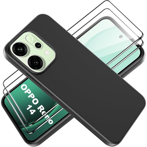 TZF-Coque pour Oppo Reno 14 5G Cover avec Verre Trempé Protection écran Film Matte Etui Souple Flexible en Premium TPU, Antichoc, Anti-dérapante Noir Coque