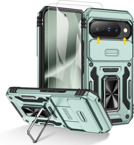 KALANKA-Coque pour Google Pixel 10 / Pixel 10 Pro, 2 Protecteurs D'écran, et Anneau Béquille, [ 360° Protection Militaire ] Protection Coulissante Caméra (Vert)