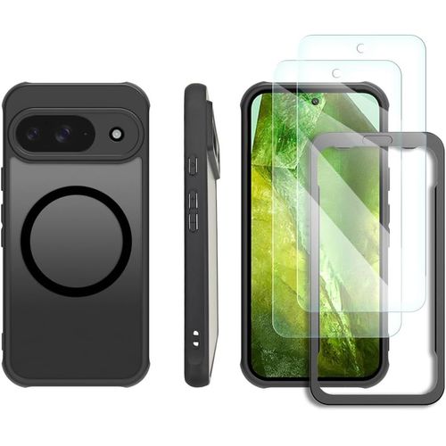 CAUC-Coque magnétique pour Google Pixel 9 avec 2 Films protecteurs d'écran et 1 Cadre d'installation, Coque Transparente Ultra Fine Noire givrée (pour Google Pixel 9)