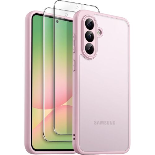 AEFJ-Coque 3 en 1 Mat pour Samsung Galaxy A56 5G avec Lot de 2 Protection D'écran en Verre Trempé, Étui Housse Antichoc Givrée Translucide avec Protecteur de Caméra (Rose)