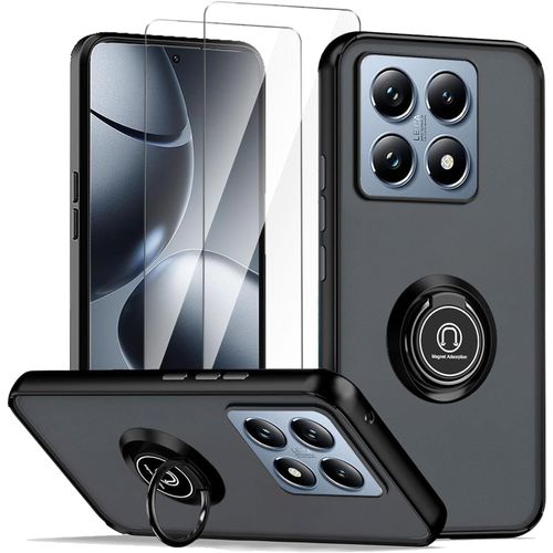 Coque Xiaomi 14t Pro 5g Noire Avec Anneau Support + 2 Protecteurs Écran Verre Trempé 9h - Pc/Tpu Antichoc Anti-Rayures