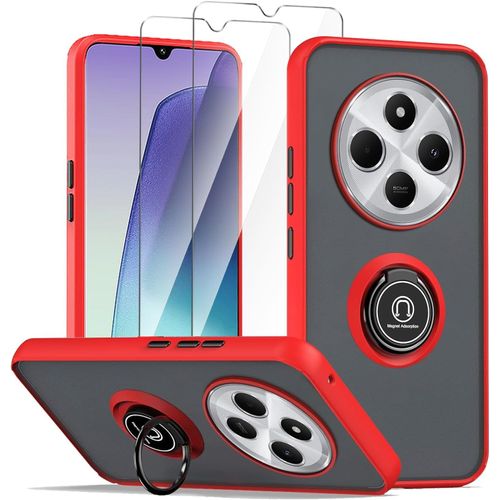 Kit Coque Rouge Xiaomi Redmi 14c 4g Avec Bague Support + 2 Verres Trempés 9h, Pc/Tpu Antichoc Anti-Rayures