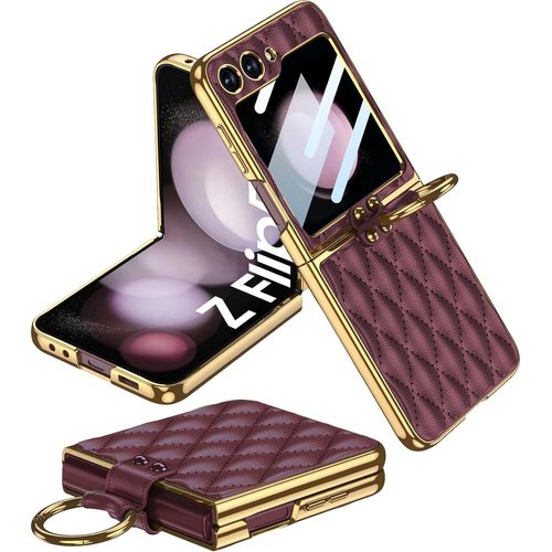 Sjzg-Compatible Avec Coque Samsung Z Flip 5 Coque De Luxe En Cuir Pu À Motif Rhombus Avec Cadre Plaqué & Film Protecteur De Appareil Photo & Anneau De Support Pour Galaxy Z Flip 5 (Brun Rougeâtre)