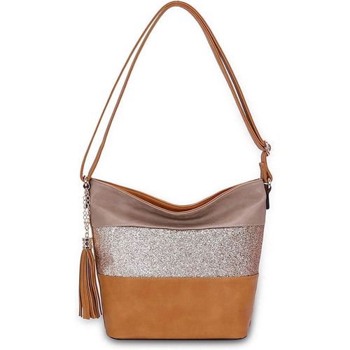 Sac Bandoulière Paillette Femme - Besace Fourre-Tout Cuir Pu Souple - Rayure Strass Brillant Multicolore - Grande Pochette Messenger - Camel