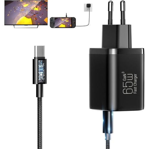 TIANYI-65W Chargeur pour Nintendo Switch 2/Switch/OLED/Lite/Steam Deck, PD 3.0 avec Sortie 20 V/3,25 A, AC Adaptateur Secteur avec 1,5m Câble, Prise en Charge du Mode Station d'accueil TV