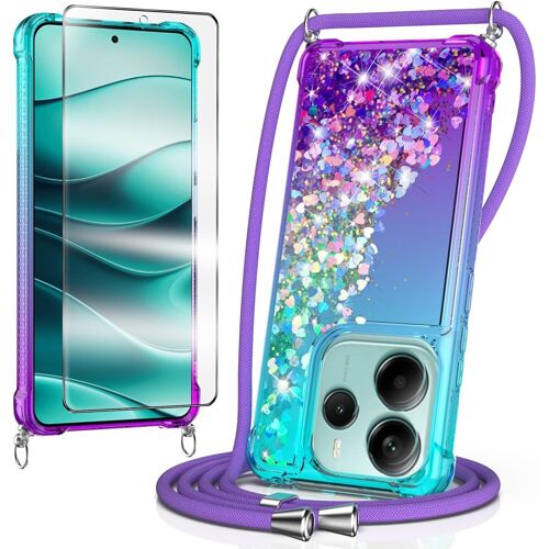 JGD-Coque Collier pour Xiaomi Redmi Note 14 4G,avec Verre Trempé Protection écran Liquide Paillette Antichoc Silicone Housse avec Cordon Collier Tour de Cou Lanière Coque,Purple