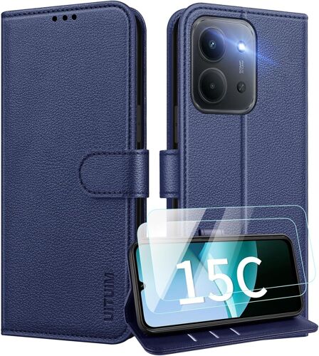 Coque Pour Xiaomi Redmi 15C 5G/4G Coque Etui Portefeuille Cuir Avec 2 Verre Trempé Protection Écran Porte Carte Rabat Clapet Flip Case Étui Cover Housse Etui Pour Redmi 15C 5G/4G,Bleu