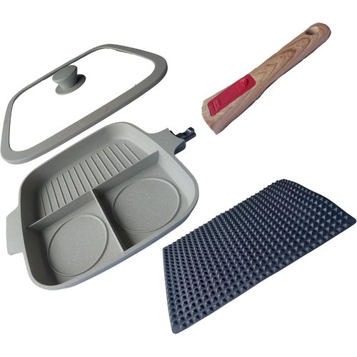 KALANKA-, Poêle grill antiadhésive avec poignée amovible, démontable, pour petit déjeuner, ?ufs, crêpes, hamburger, poêle carrée avec division en 3 sections, alliage d'aluminium. (blanc)