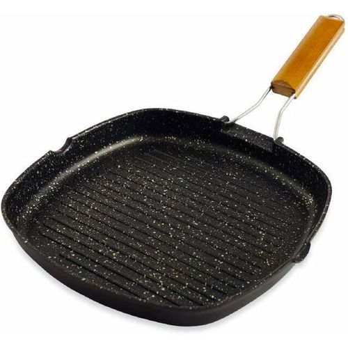 KALANKA-Grill carré anti-adhésif pour induction 20 x 20 cm avec poignée pliable en bois, en aluminium moulé sous pression, idéal pour viande, poisson et légumes