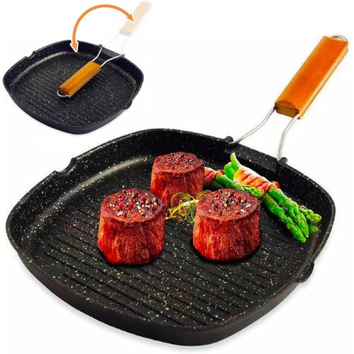 KALANKA-Poêle carrée antiadhésive 28 cm pour griller en aluminium moulé sous pression et avec poignée en bois pliable, idéale pour préparer des steaks ou des légumes grillés - résistante et facile à