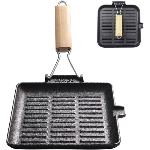 SUBZONAL-Poêle à steak en fonte avec poignée en bois pliable : 20 × 20 cm Grill Pan induction Poêle carrée pour tous les types de plaques de cuisson Facile à nettoyer