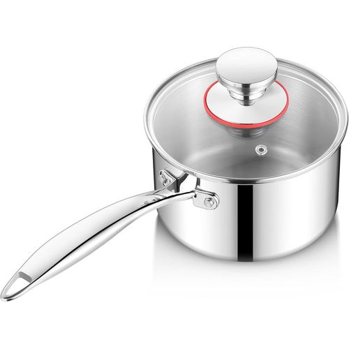 KALANKA-Casserole à manche en acier inoxydable de 14 cm - 3 couches - Pour induction - Avec couvercle - 1,2 l - Avec longue poignée - Petites casseroles pour tous les types de plaques de cuisson - No