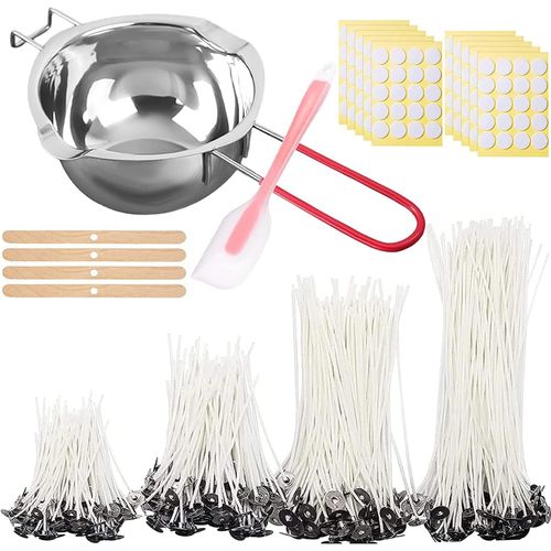 Kit De Fabrication De Bougies, Avec 680ml Creuset, 200x Mèches De Bougie, 200x Autocollants Mèche Double Face, Titulaire Fixe Mèche Et Remuer La Cuillèree, Pour Fabrication Bougie