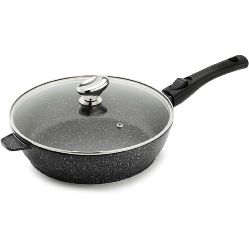 KALANKA-,Sauteuse en Fonte d'Aluminium Premium,Couvercle en Verre,Revêtement Anti-Adhésif Façon Pierre-Manche Amovible,Compatible Tous Feux dont Induction, Four,Lave Vaisselle,D28cm,Noir