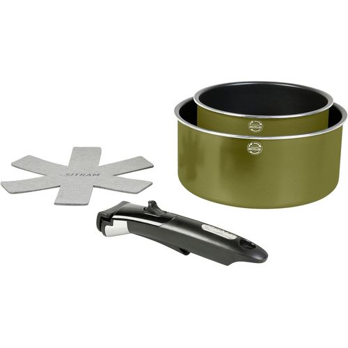 Kalanka-715710 Lot De 2 Casseroles Aluminium Recyclé Ø 16 Et 20 Cm Colori Vert Metallisé Revêtement Intérieur Anti-Adhésif Sans Pfoa + Manche Amovible + 1 Feutrine - Tous Feux Dont Induction