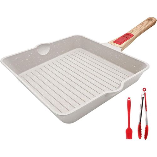 KALANKA-Poêle à griller 24x 24 cm avec poignée amovible, Poêle à steak en aluminium avec revêtement anti-adhésif, lavable au lave-vaisselle et résistant au four (blanc)
