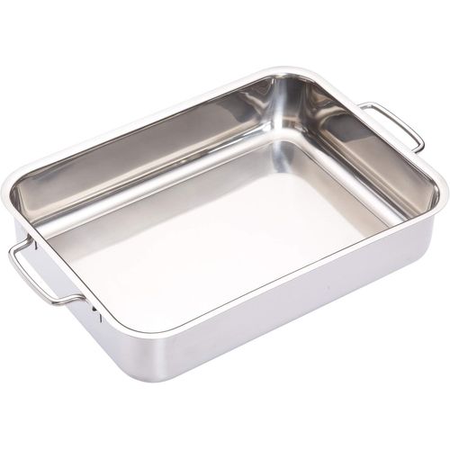 KALANKA-MasterClass Plat à rôtir Profond en Acier Inoxydable avec Poignées Rabattables, Compatible avec Plaques de Cuisson, 32 x 23 x 6,5 cm (12,5' x 9' x 2,5')