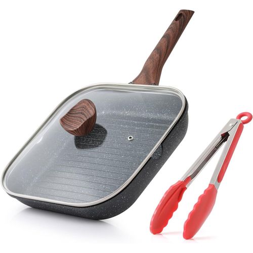 KALANKA-Poêle Grill Induction 24 cm avec couvercle en verre, revêtement effet granit antiadhésif, poêle carrée en aluminium avec bec verseur, grill viande, poignée isolante, sans PFOA